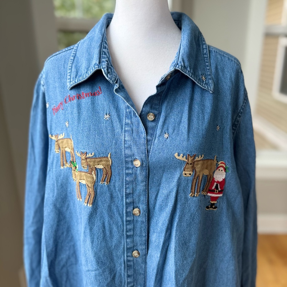 Vintage 90s Denim Embroidered Christmas Theme Jean Shirt Size 2X 18-20